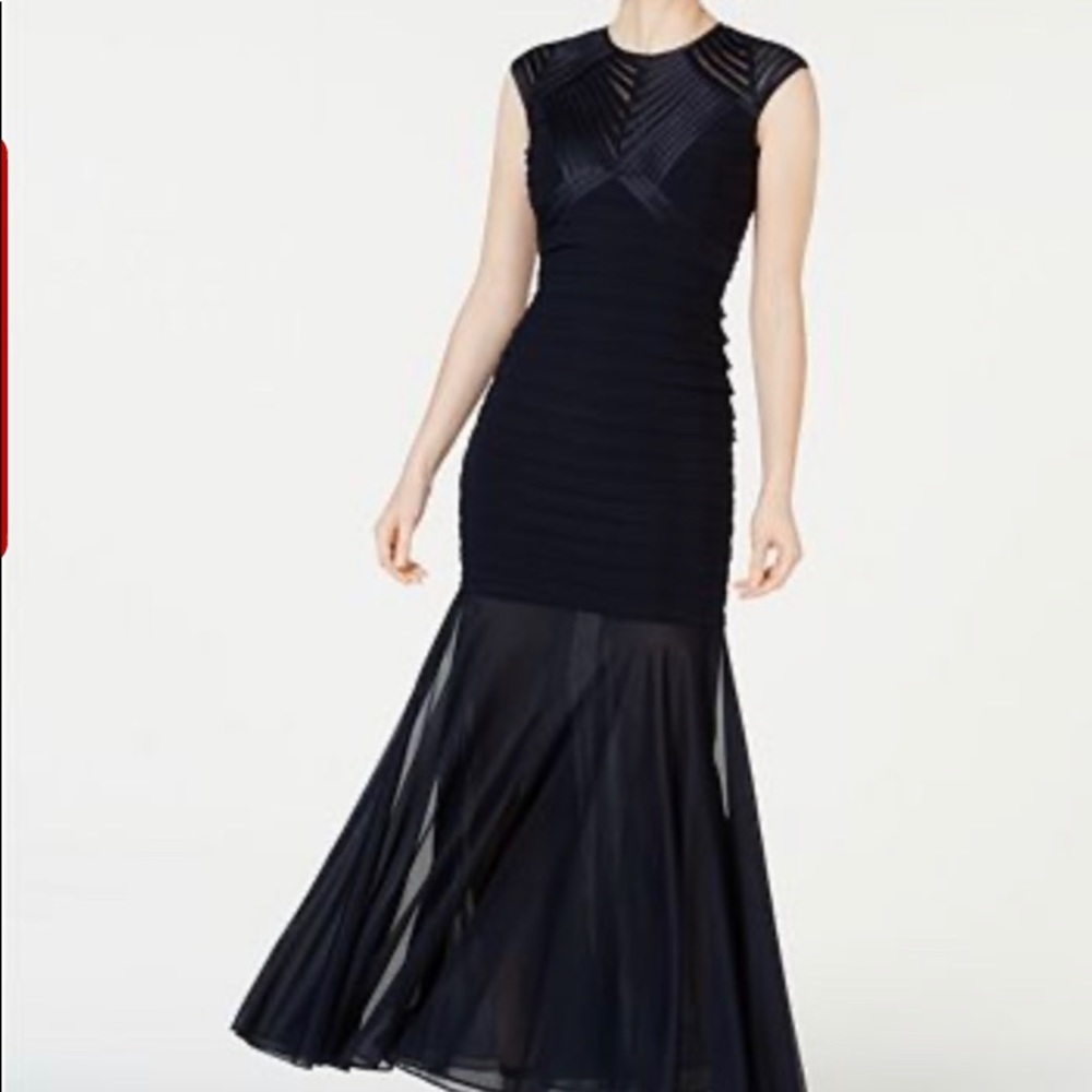 Betsy and Adam Open-Back Illusion Gown - Navy Blue